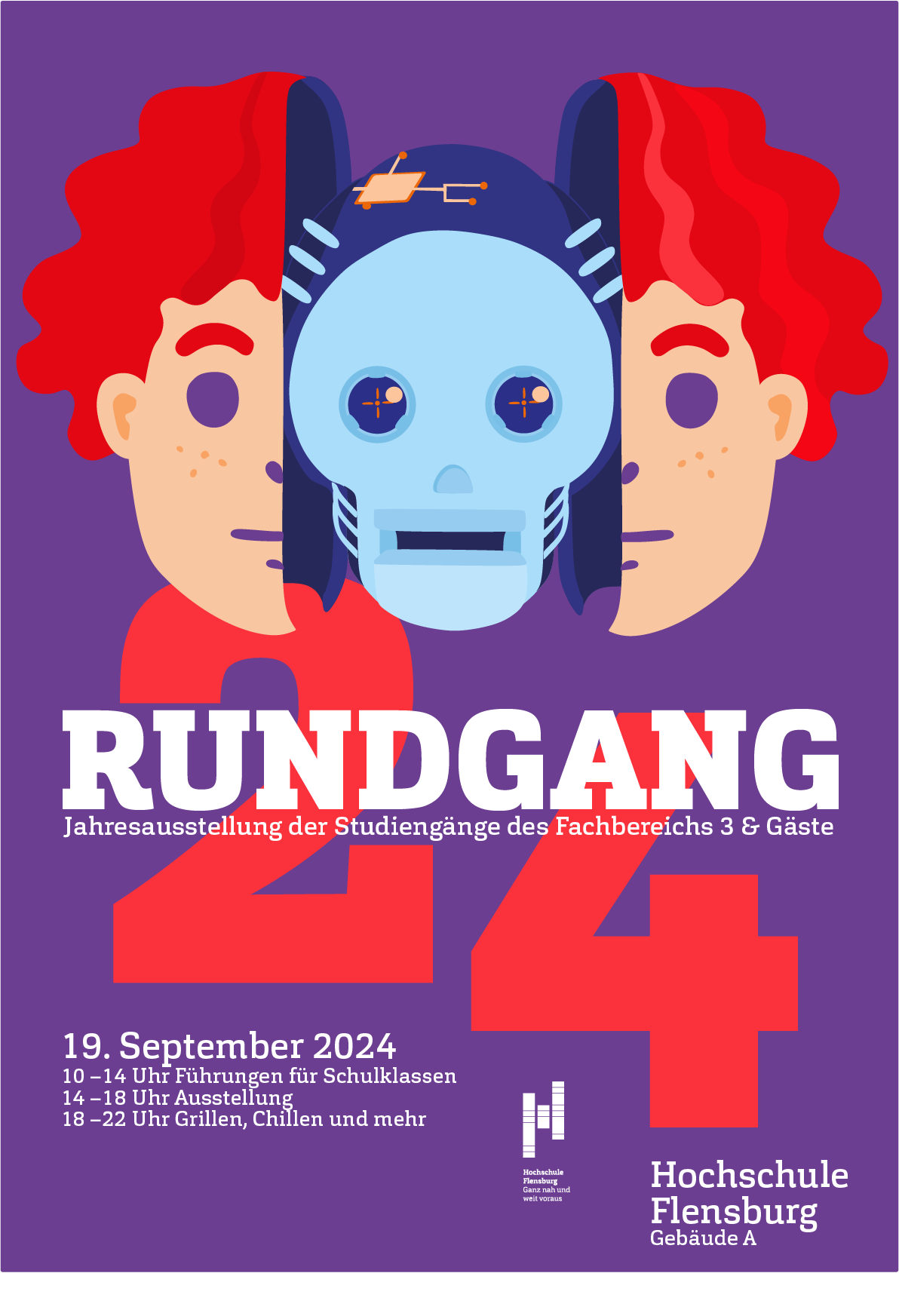 Alternate version of the 'Rundgang 2024' poster, featuring a central robot head surrounded by stylized red-haired characters on both sides. Text and layout remain consistent with the main version